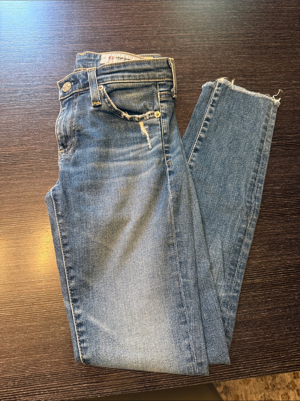 AG Adriano Goldschmied Distressed Mid-Blue Skinny Jeans